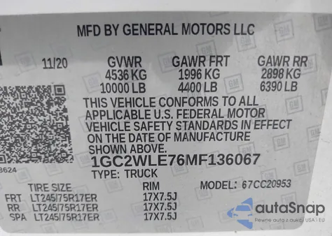 2021 Chevrolet Silverado 2500Hd 2Wd Double Cab Long Bed Wt z USA, uszkodzony, nr VIN 1GC2WLE76MF136067